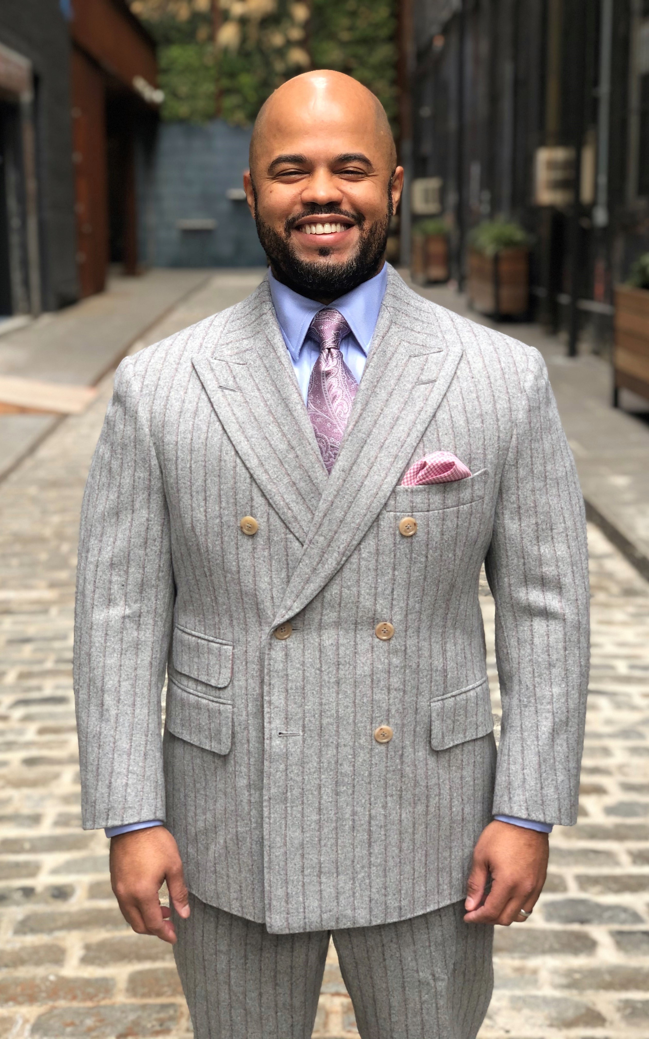 MTM Light Grey Double Stripe Double Breasted Suit