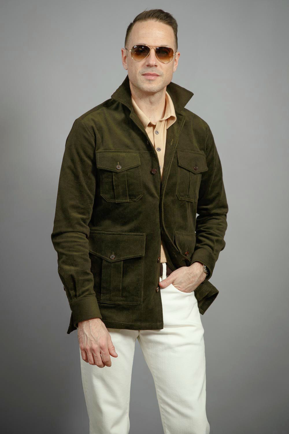 Hunter Green Stretch Corduroy Safari Shirt Jacket