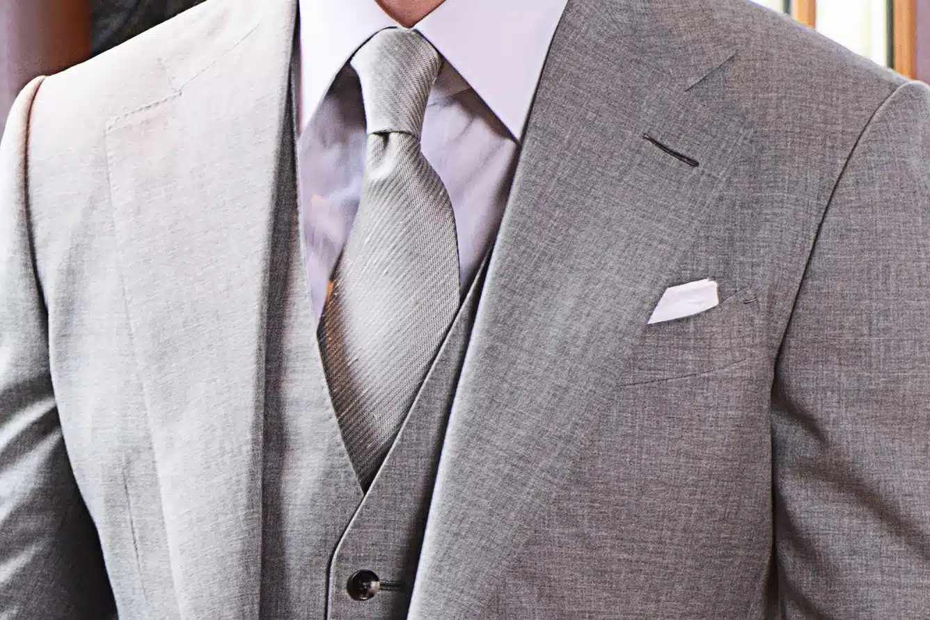 Close-up view of a Custom Light Grey Wool Suit