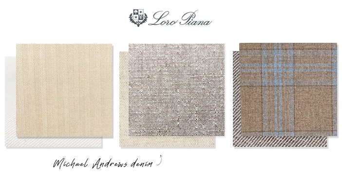 Loro Piana fabric swatches featuring beige, gray, and brown plaid patterns