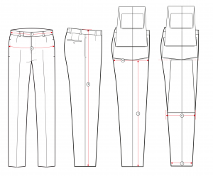 Technical line drawing of pants showing front, side, and back views with measurement indicators