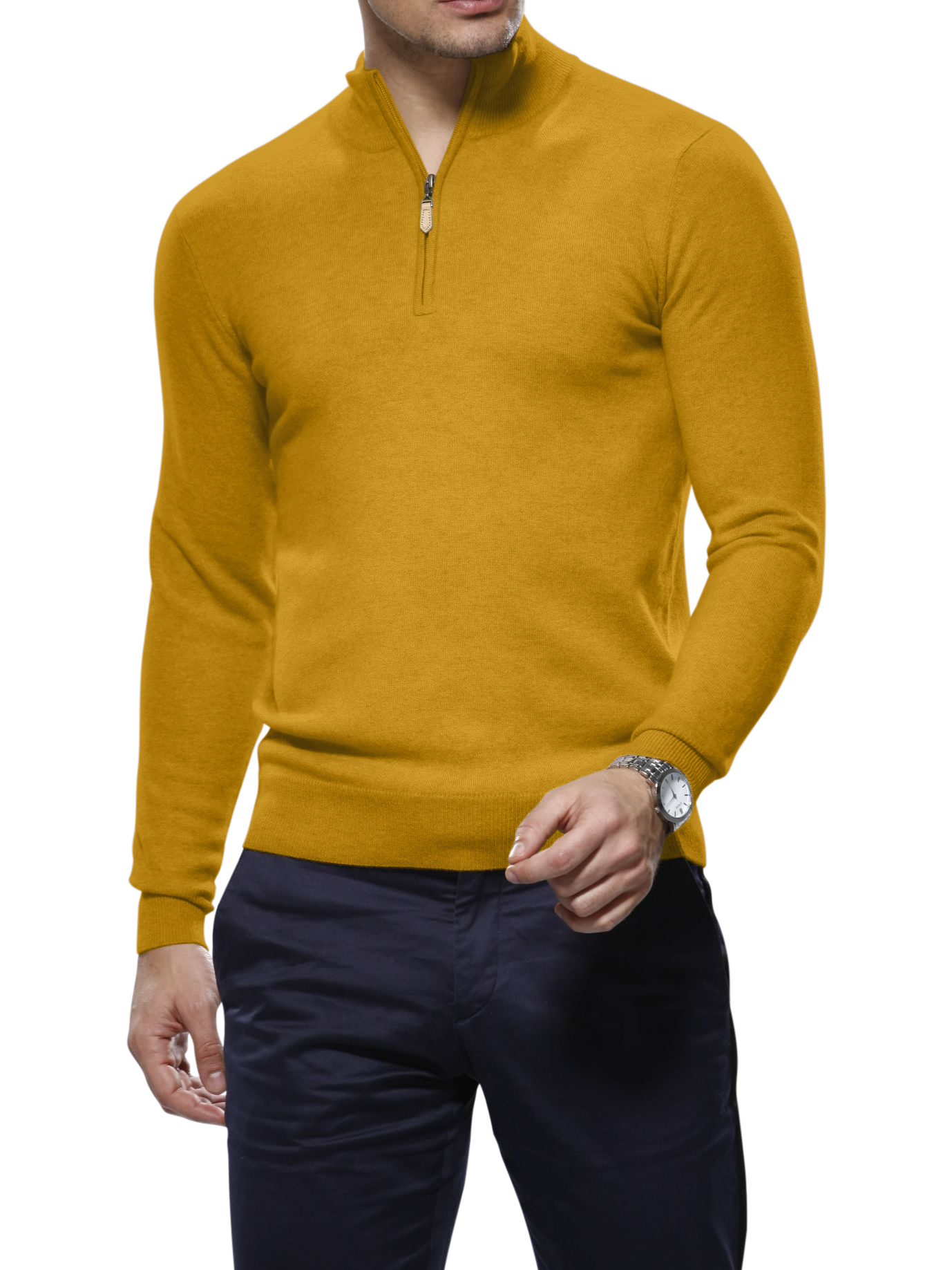 Gold Merino Wool 1/4 Zip Mock Sweater | Michael Andrews Bespoke, New ...