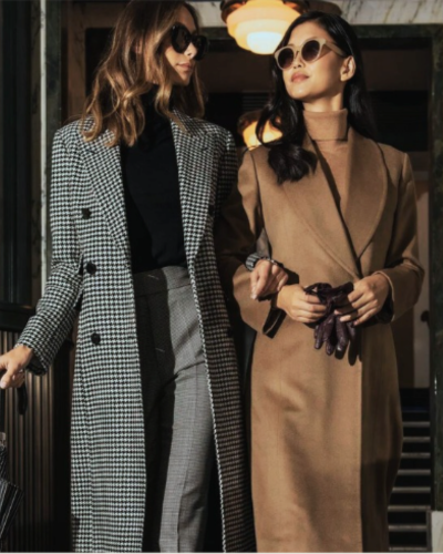 Womens custom overcoats grey houndstooth and camel wrap coat