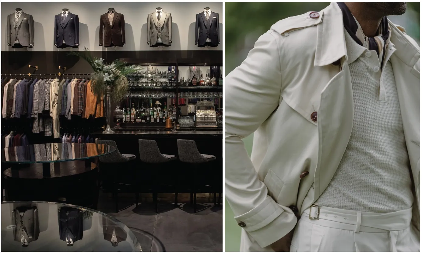 Michael Andrews Bespoke shop interior; close-up of a beige trench coat detail